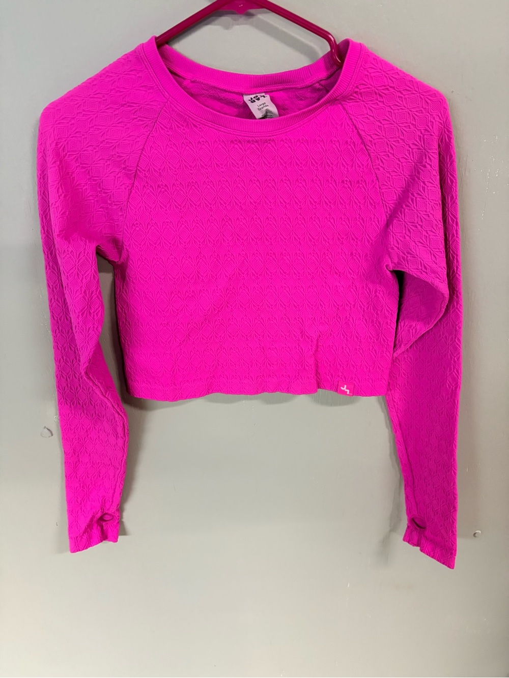 Cropped Long-Sleeve Textured Top - Bright Pink women’s large.